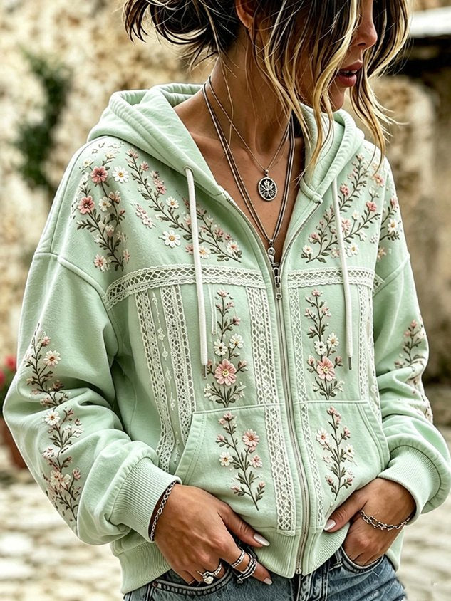 Women Spring/Fall Outerwear Casual Floral Long Sleeve Hoodie Jacket