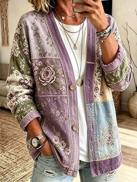 Women Spring/Fall Outerwear Casual Printing Floral Long Sleeve Jacket