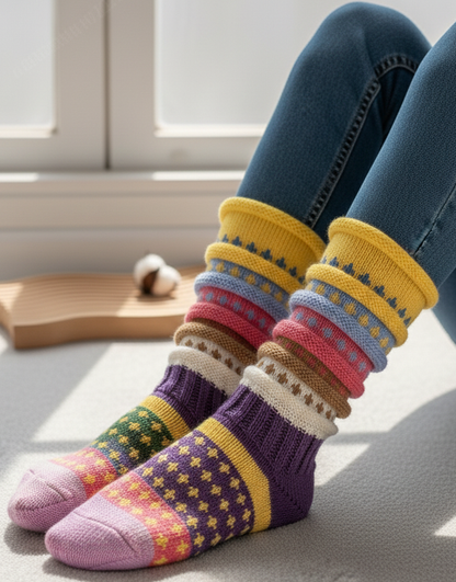 Women's Colorful Striped Slouch Socks Warm Color-blocked Star-patterned Wool Floor Ethnic Style Mid-calf Socks