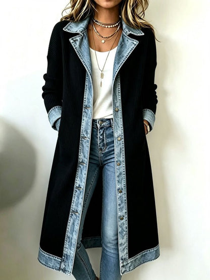Women Spring/Fall Outerwear Vintage Split Joint Contrast Stitching Long Sleeve Lapel Collar Jacket