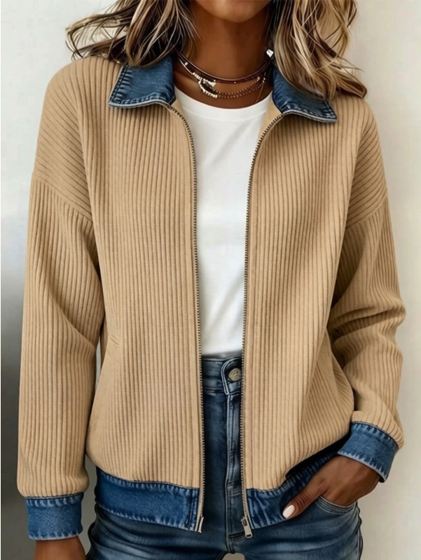Women Spring/Fall Outerwear Casual Contrast Stitching Long Sleeve Shawl Collar Jacket