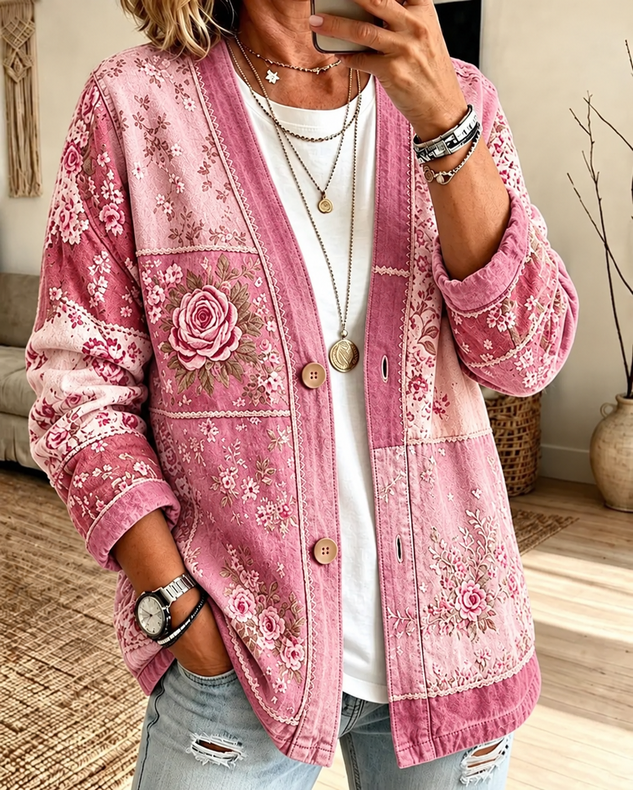 Women Spring/Fall Outerwear Casual Printing Floral Long Sleeve Jacket