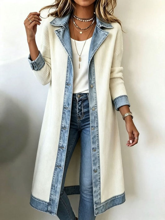 Women Spring/Fall Outerwear Vintage Split Joint Contrast Stitching Long Sleeve Lapel Collar Jacket