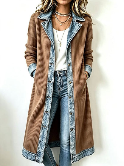 Women Spring/Fall Outerwear Vintage Split Joint Contrast Stitching Long Sleeve Lapel Collar Jacket