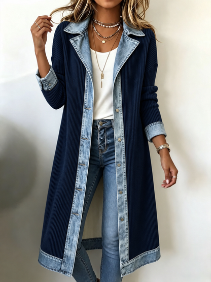 Women Spring/Fall Outerwear Vintage Split Joint Contrast Stitching Long Sleeve Lapel Collar Jacket