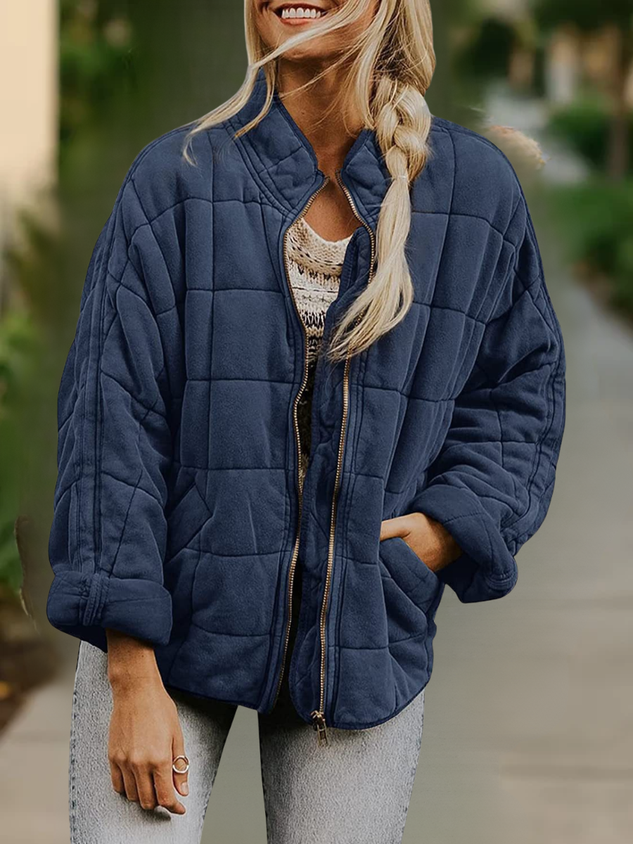 Women Spring/Fall Outerwear Casual Split Joint Plain Long Sleeve Stand Collar Jacket
