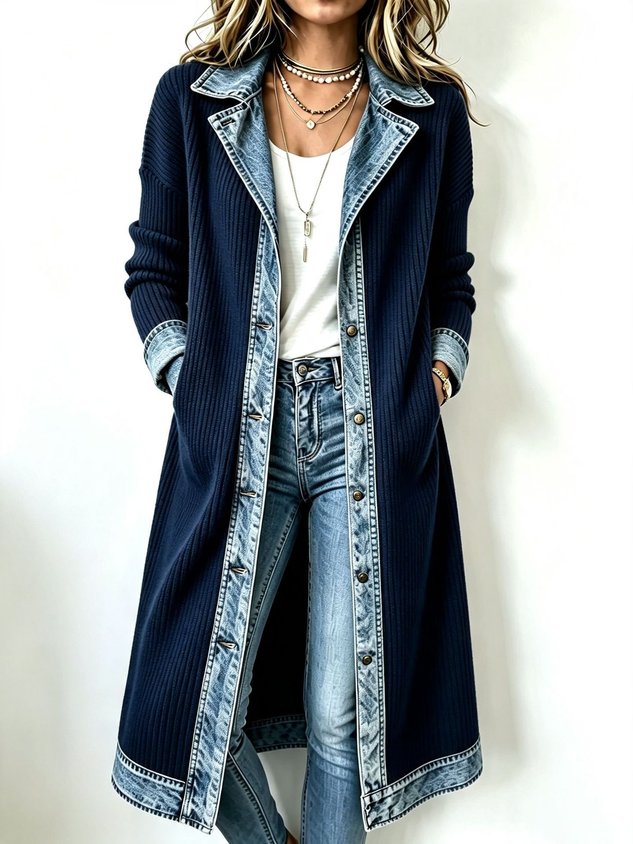 Women Spring/Fall Outerwear Vintage Split Joint Contrast Stitching Long Sleeve Lapel Collar Jacket