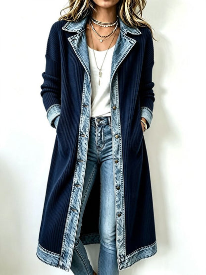 Women Spring/Fall Outerwear Vintage Split Joint Contrast Stitching Long Sleeve Lapel Collar Jacket