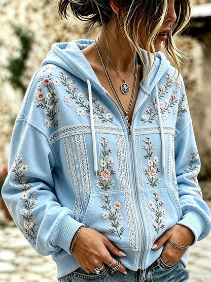Women Spring/Fall Outerwear Casual Floral Long Sleeve Hoodie Jacket