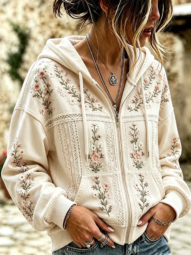 Women Spring/Fall Outerwear Casual Floral Long Sleeve Hoodie Jacket