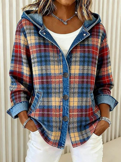 Women Spring/Fall Outerwear Vintage Printing Plaid Long Sleeve Hoodie Jacket