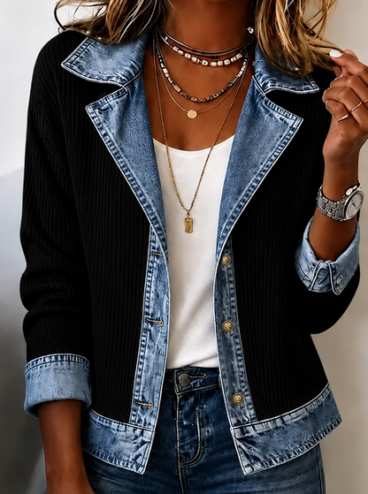 Women Spring/Fall Outerwear Vintage Split Joint Contrast Stitching Long Sleeve Lapel Collar Jacket