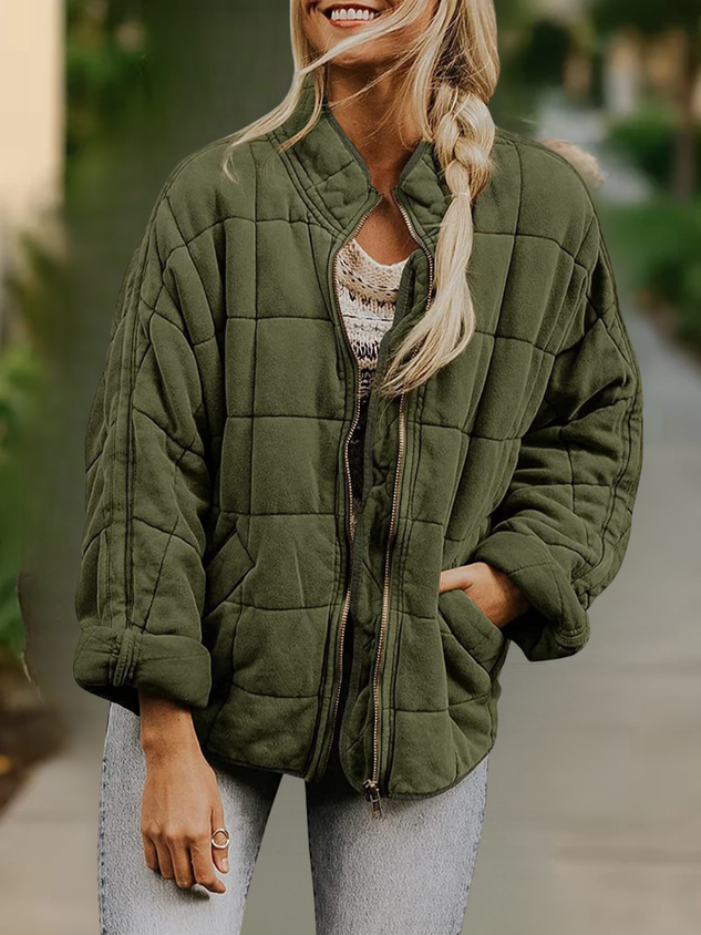 Women Spring/Fall Outerwear Casual Split Joint Plain Long Sleeve Stand Collar Jacket