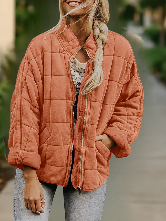 Women Spring/Fall Outerwear Casual Split Joint Plain Long Sleeve Stand Collar Jacket
