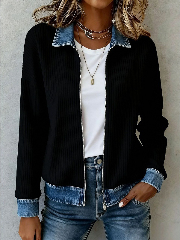 Women Spring/Fall Outerwear Casual Contrast Stitching Long Sleeve Shawl Collar Jacket