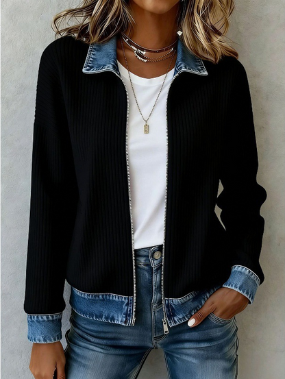 Women Spring/Fall Outerwear Casual Contrast Stitching Long Sleeve Shawl Collar Jacket