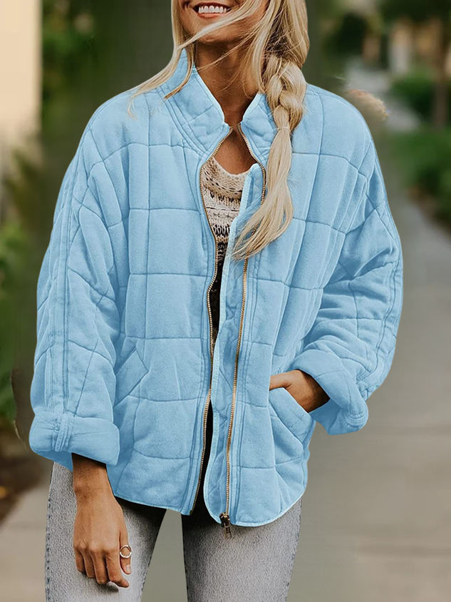 Women Spring/Fall Outerwear Casual Split Joint Plain Long Sleeve Stand Collar Jacket