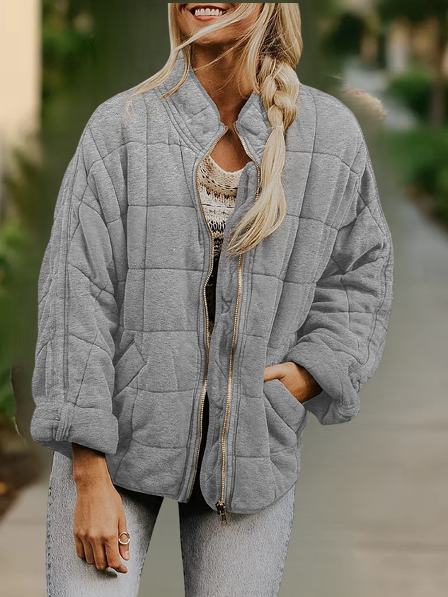 Women Spring/Fall Outerwear Casual Split Joint Plain Long Sleeve Stand Collar Jacket