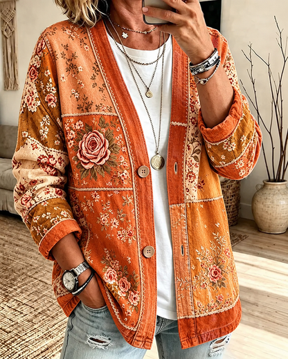 Women Spring/Fall Outerwear Casual Printing Floral Long Sleeve Jacket