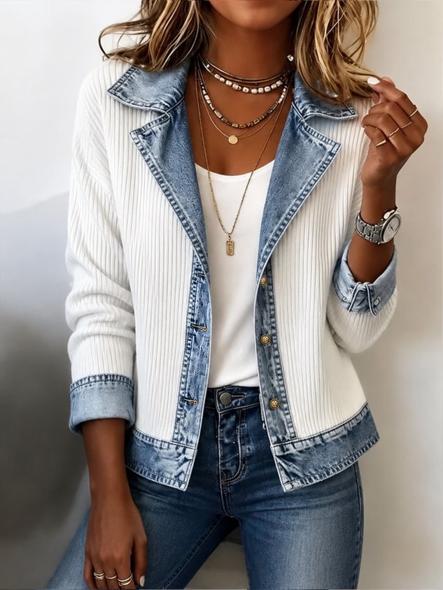 Women Spring/Fall Outerwear Vintage Split Joint Contrast Stitching Long Sleeve Lapel Collar Jacket