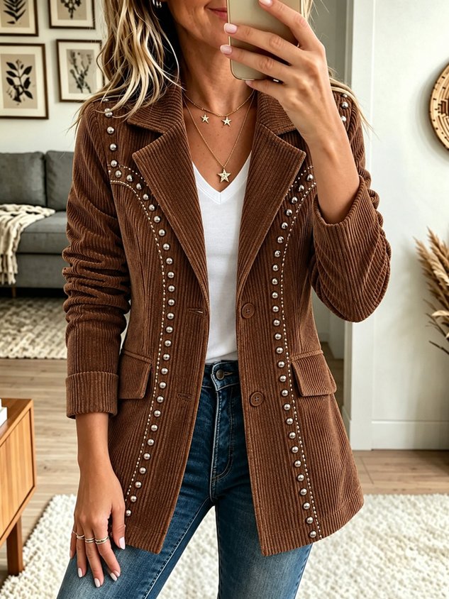 Women Spring/Fall Outerwear Vintage Geometric Long Sleeve Lapel Collar Jacket